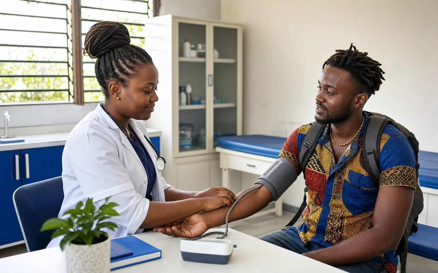 Traveller receiving a health check