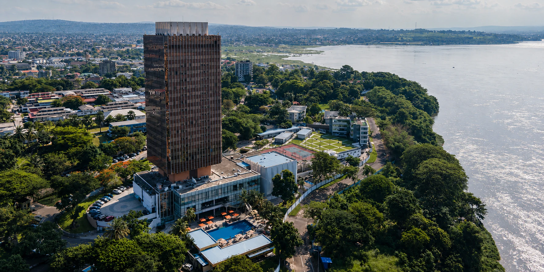 Democratic Republic of the Congo riverside city skyline from above