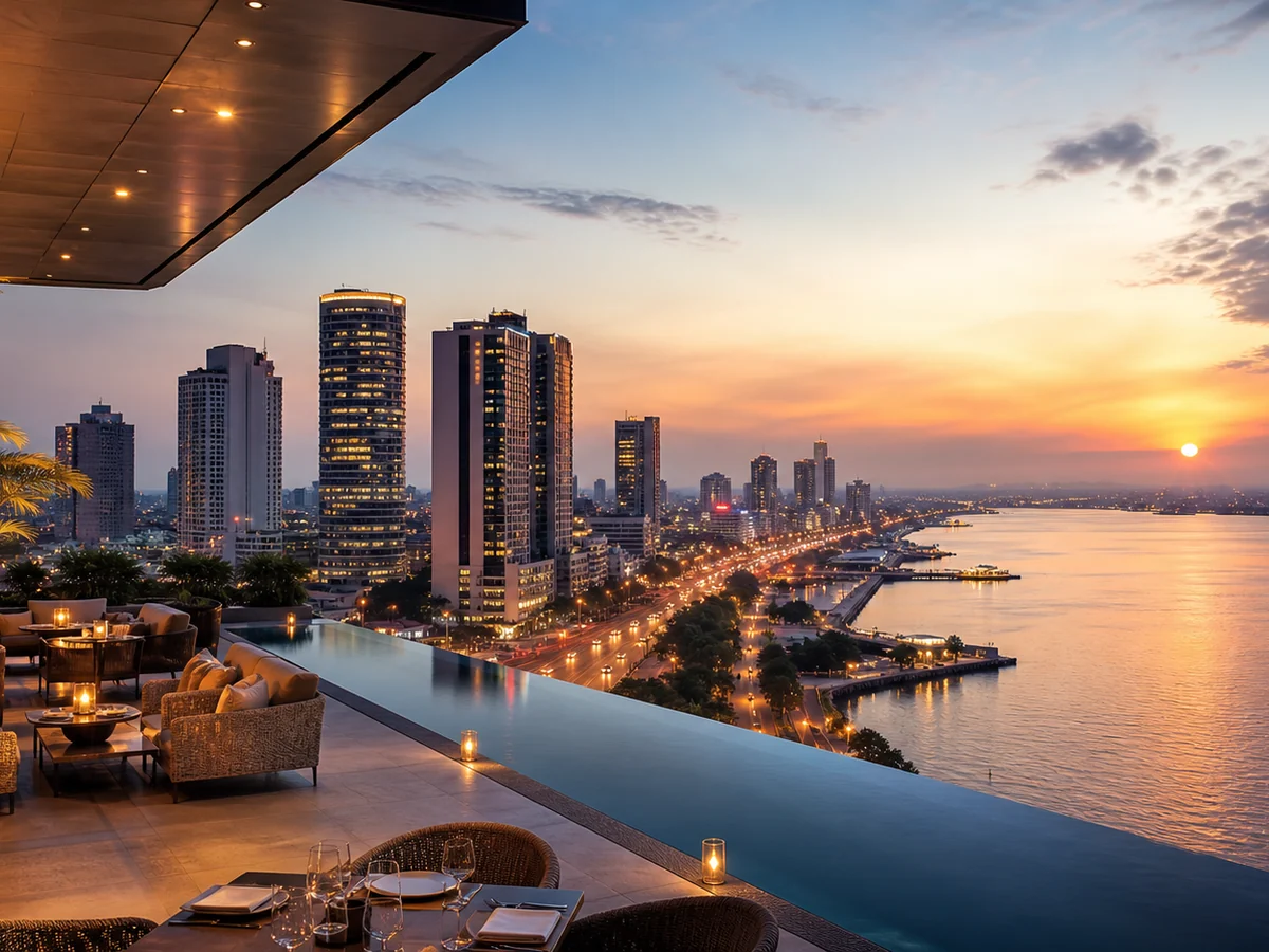 Kinshasa riverfront skyline at sunset