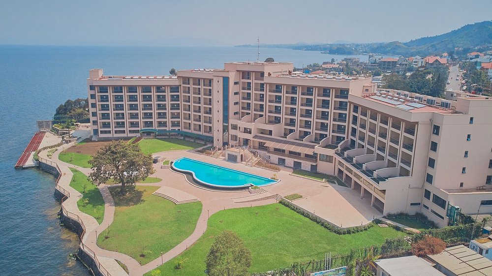 Aerial view of Goma Serena Hotel beside Lake Kivu